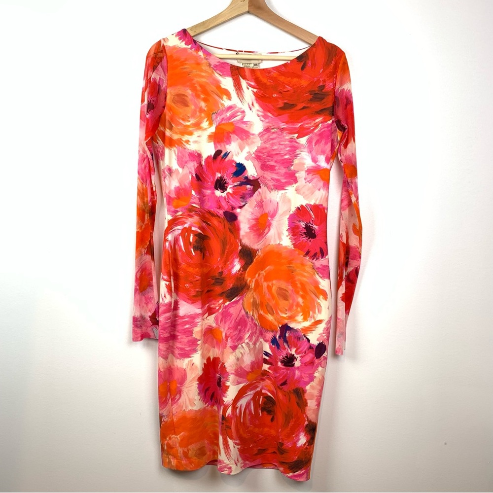 Fuzzi Dress Jean-Paul Gaultier Pencil Bold Flowers Red Pink  Sz XXL Mesh Sleeves